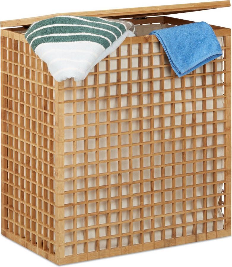 Relaxdays bamboe wasmand hoekige wasbox 2 vakken Mand 96 liter 62 x 56 x 35 cm