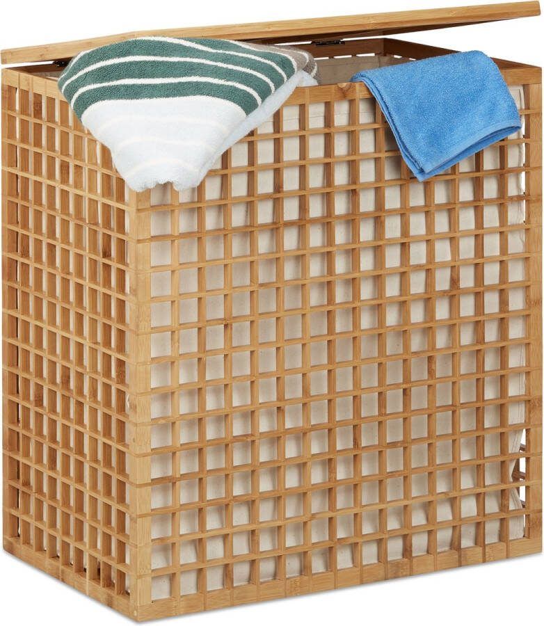 Relaxdays bamboe wasmand hoekige wasbox 2 vakken Mand 96 liter 62 x 56 x 35 cm