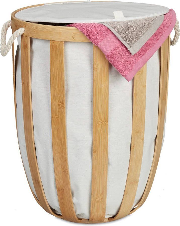 Relaxdays bamboe wasmand met deksel beige waszak handvaten ronde wasbox slaapkamer