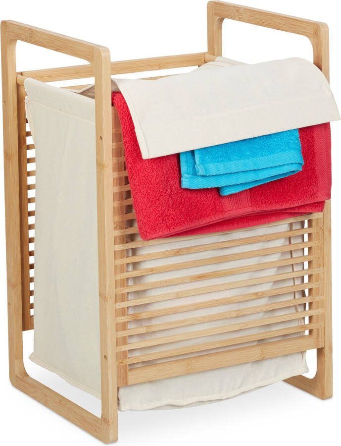 Relaxdays bamboe wasmand wasbox met deksel 60 x 40 cm stoffen waszak badkamer
