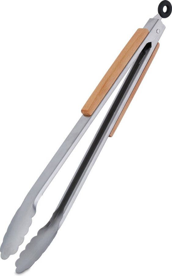 Relaxdays barbecuetang houten handgreep bbq serveertang vleestang 38 cm rvs