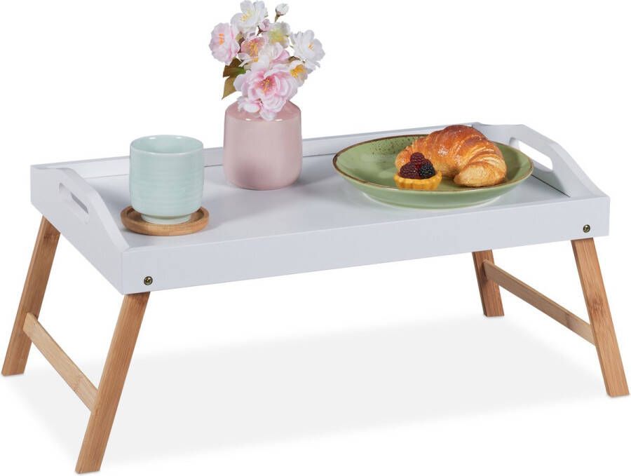 Relaxdays bedtafel inklapbaar schoottafel wit tafeltje voor op bed ontbijt dienblad