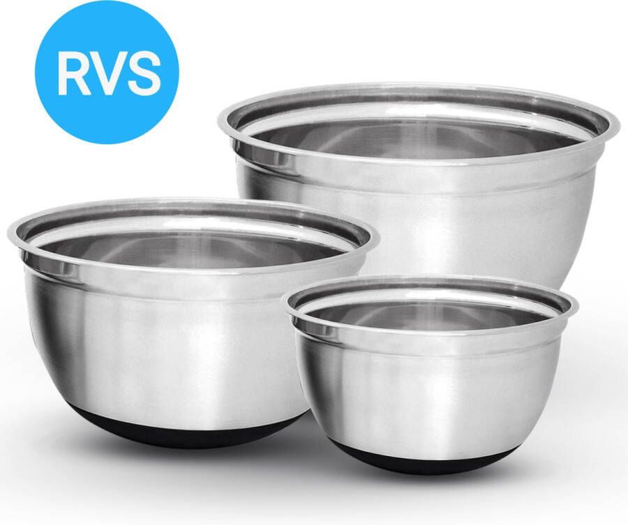 Relaxdays Beslagkommen Set Antislip Mixkommen Zonder deksels Mengkommen Rvs 3-Delige Set Saladekommen