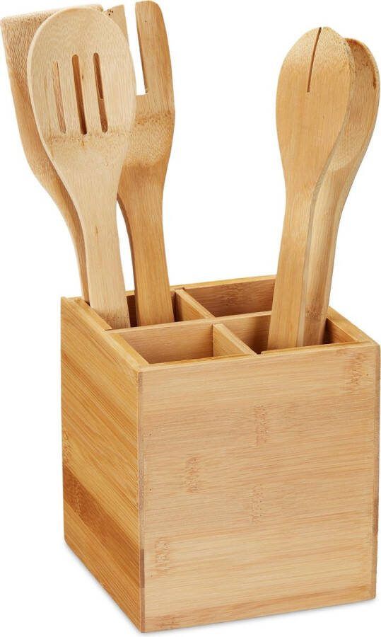 Relaxdays bestekhouder bamboe keukengerei houder 4 vakken bestekbak pennenbak hout