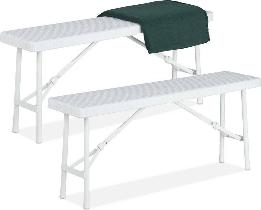 Relaxdays bierbank set van 2 wit tuinbank vouwbaar kunststof ingeklapt 4x100 cm