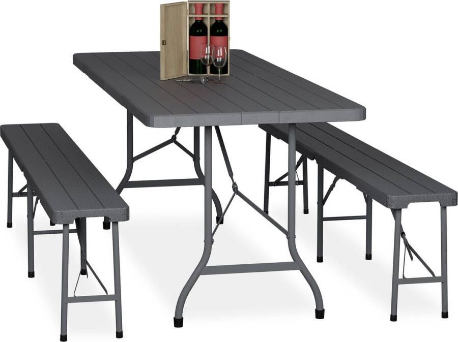 Relaxdays biertafel set bierbank inklapbaar klaptafel kunststof 3-delige set grijs