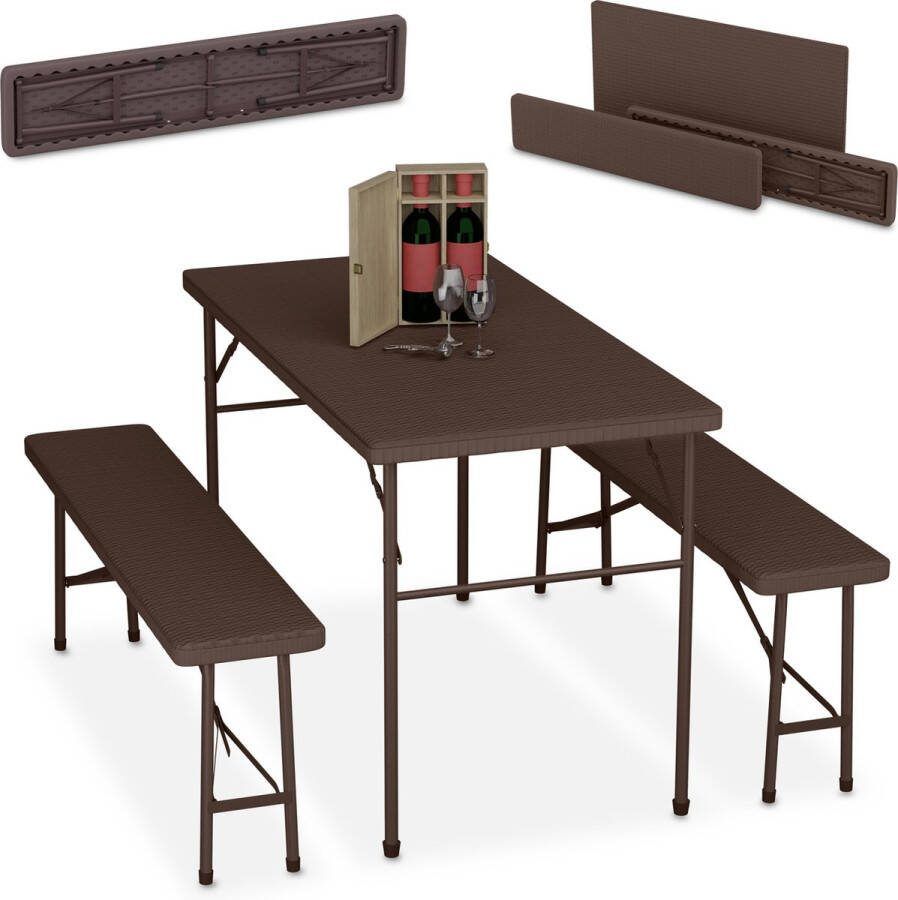 Relaxdays biertafel set klaptafel 3-delige bierbank set tuintafel kunststof staal bruin