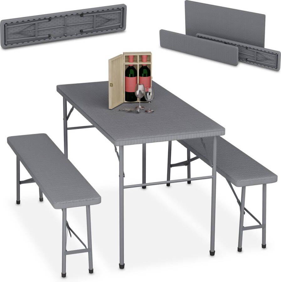 Relaxdays biertafel set klaptafel 3-delige bierbank set tuintafel kunststof staal grijs