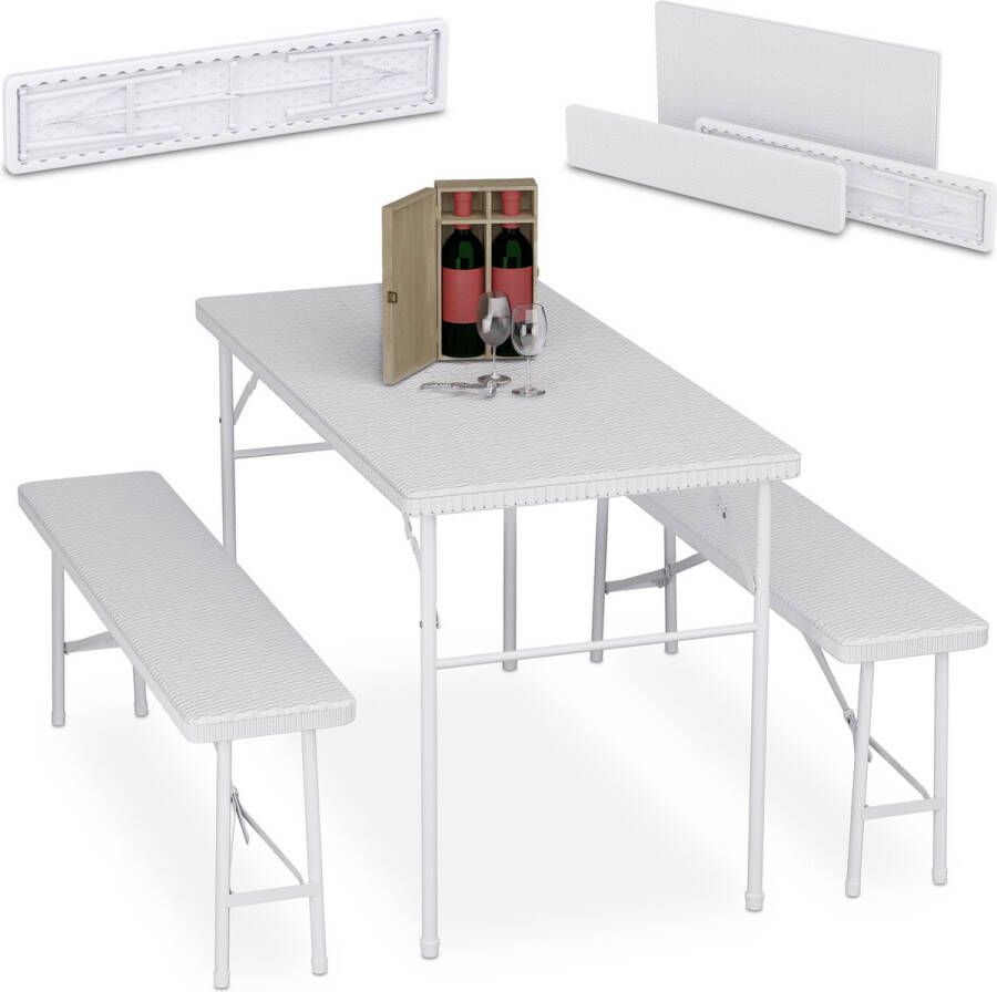 Relaxdays biertafel set klaptafel 3-delige bierbank set tuintafel kunststof staal wit