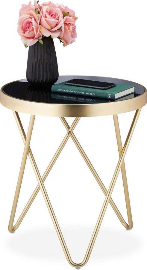 Relaxdays bijzettafel goud salontafel rond klein tafeltje bijzettafeltje zwart glas