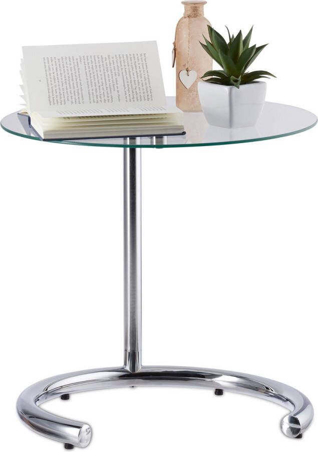 Relaxdays bijzettafel hoogte verstelbaar koffietafel rond chroom glastafel zilver
