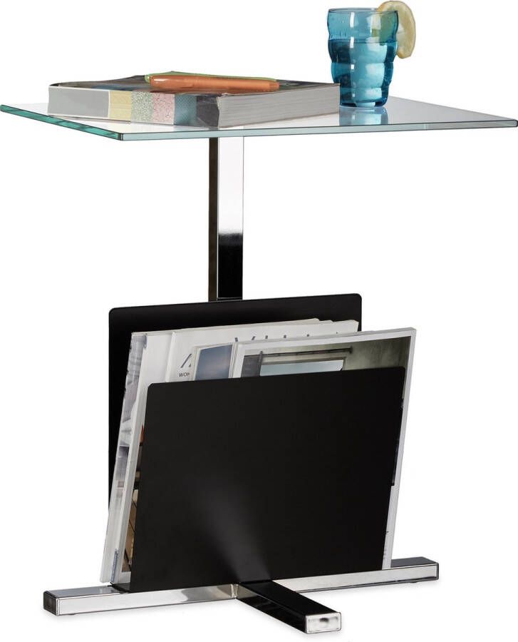 Relaxdays bijzettafel met tijdschriftenrek glasplaat glastafel modern