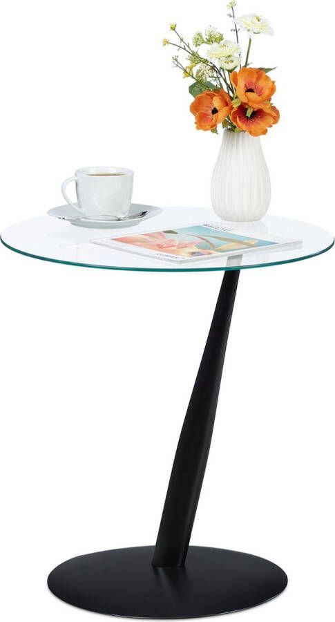 Relaxdays bijzettafel modern salontafel glas metaal rond zwart transparant
