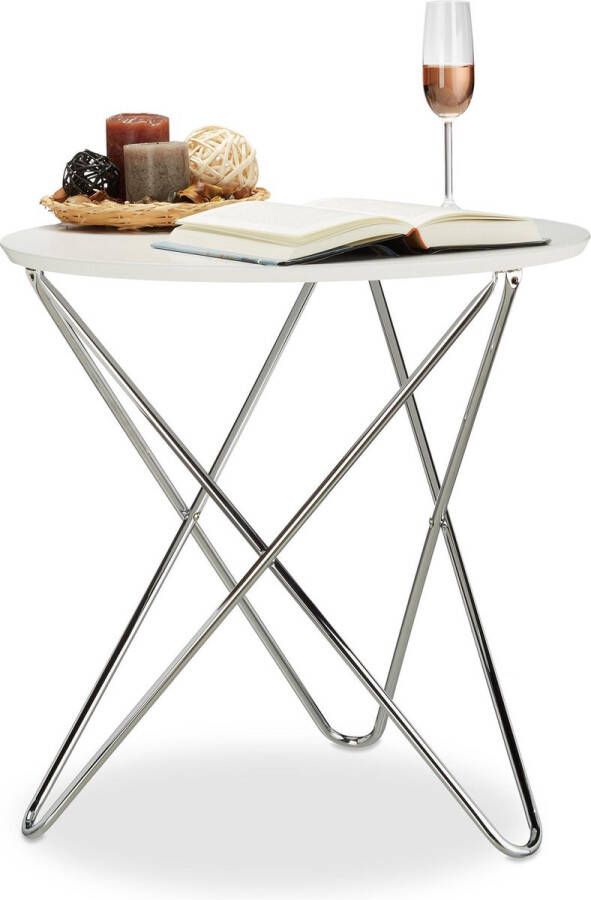 Relaxdays Bijzettafel rond metalen onderstel salontafel koffietafel wit tafeltje Dia. 60cm