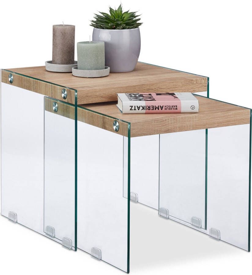 Relaxdays bijzettafel set van 2 stuks mimiset glazen onderstel houten tafelblad