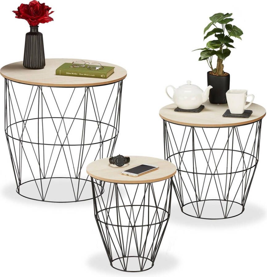 Relaxdays Bijzettafel set van 3 metalen frame salontafels koffietafel ronde tafels