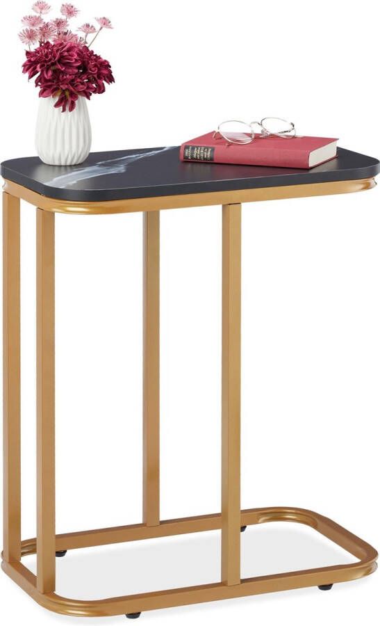 Relaxdays Bijzettafel u vorm koffietafel salontafel tafeltje marmer modern design zwart