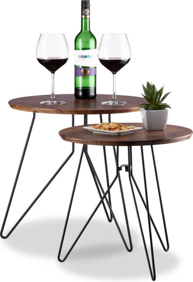 Relaxdays bijzettafel vintage 2 stuks mimiset retro tafeltje salontafel rond hout