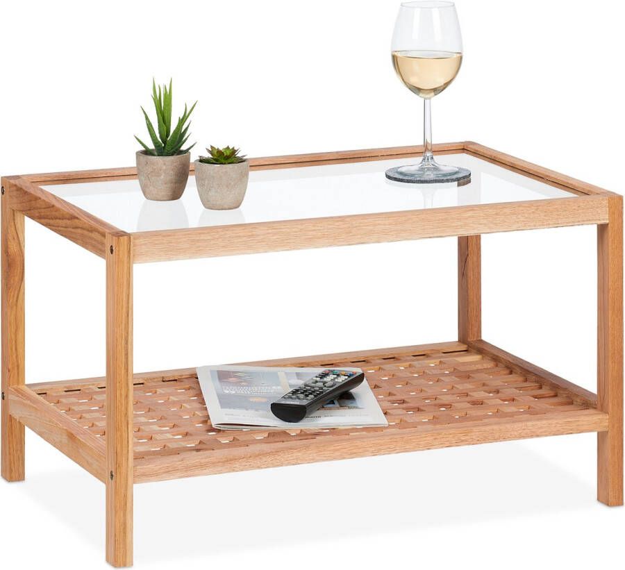 Relaxdays bijzettafel walnotenhout klein tafeltje glas lage salontafel nachttafeltje