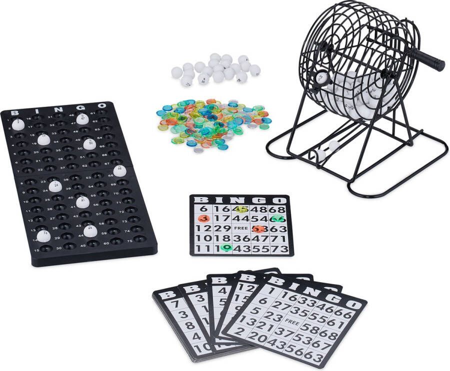 Relaxdays bingo spel bingokaarten bingomolen groot bingo set seniorenspel