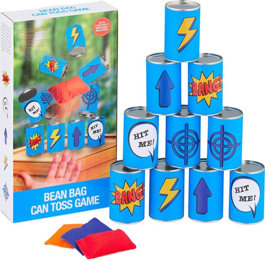 Relaxdays blikgooien spel kinderfeestje spel oud hollands 10 blikjes en 3 zakjes
