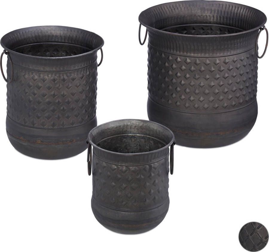 Relaxdays bloempot 3 stuks bloembak antiek plantenbak ijzer plantenpot rond C