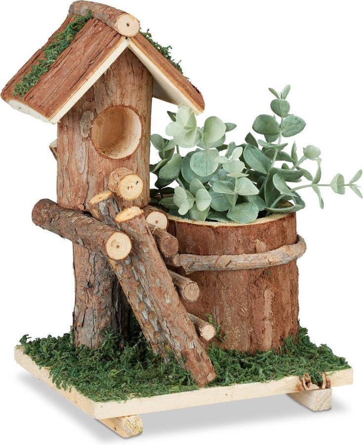 Relaxdays bloempot hout boomstam met vogelhuisje sierpot plantenpot decoratie