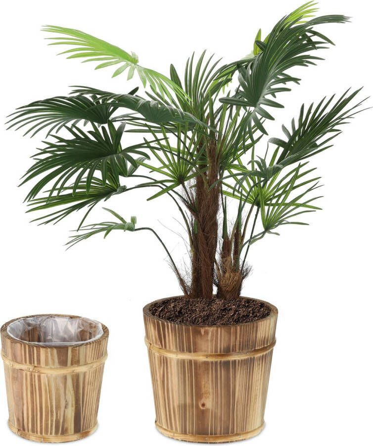 Relaxdays Bloempot hout set van 2 plantenpot rond 2 groottes sierpot natuur