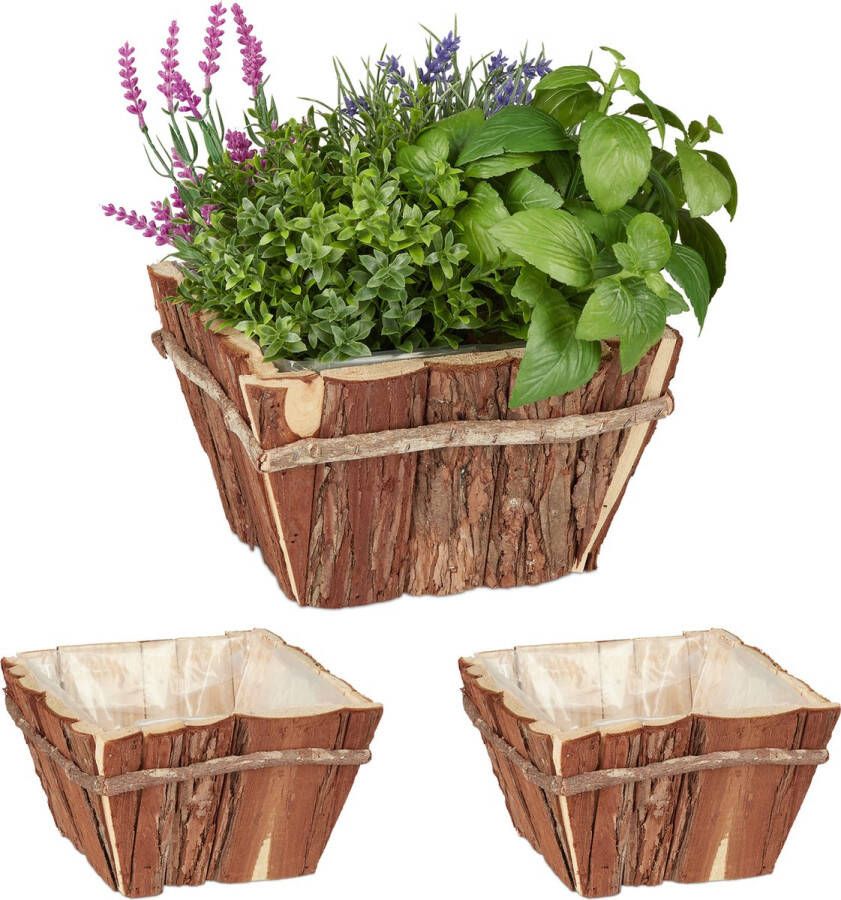 Relaxdays Bloempot hout set van 3 vierkant schors plantenbak buiten natuur