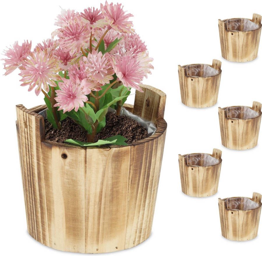 Relaxdays Bloempot hout set van 6 rond plantenpot naturel tuindecoratie vat