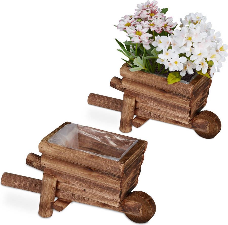 Relaxdays Bloempot kruiwagen set van 2 plantenkar met folie tuindecoratie hout