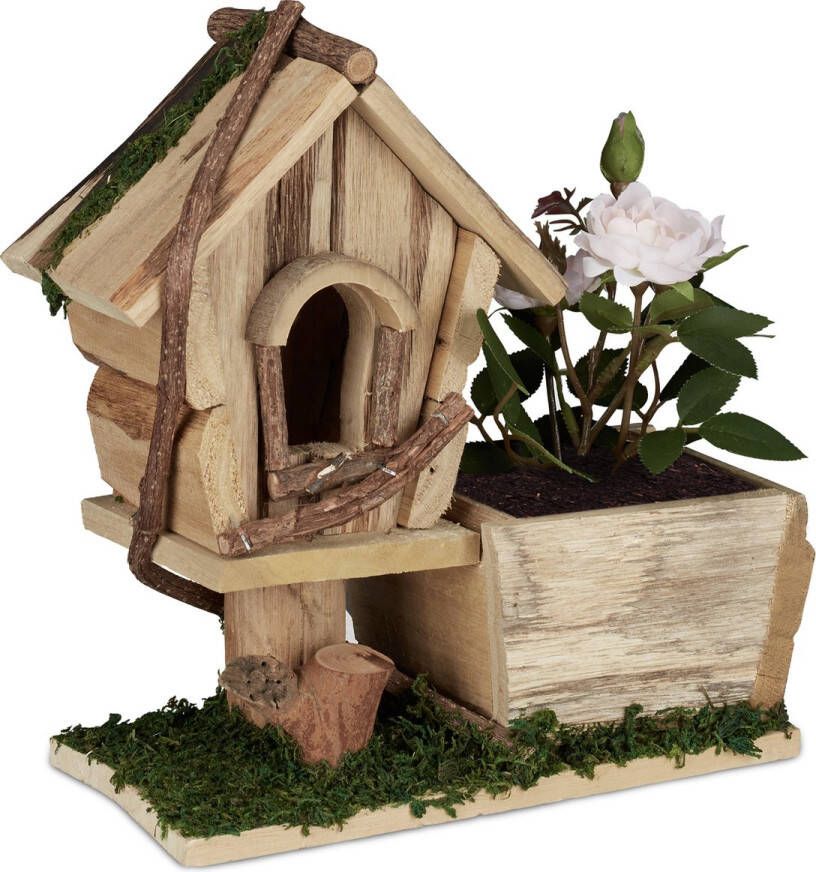 Relaxdays Bloempot met vogelhuisje plantenbakje hout buiten decoratief natuur