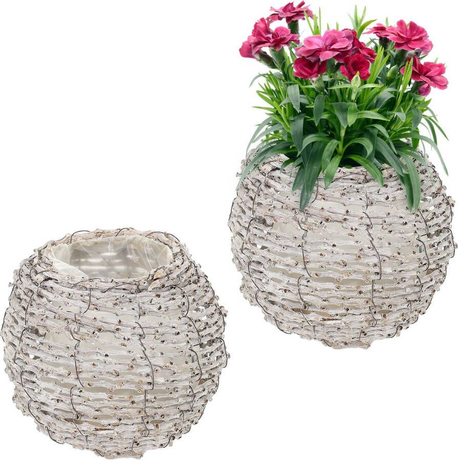 Relaxdays bloempot set van 2 rotan plantenpot met folie sierpot rond wit