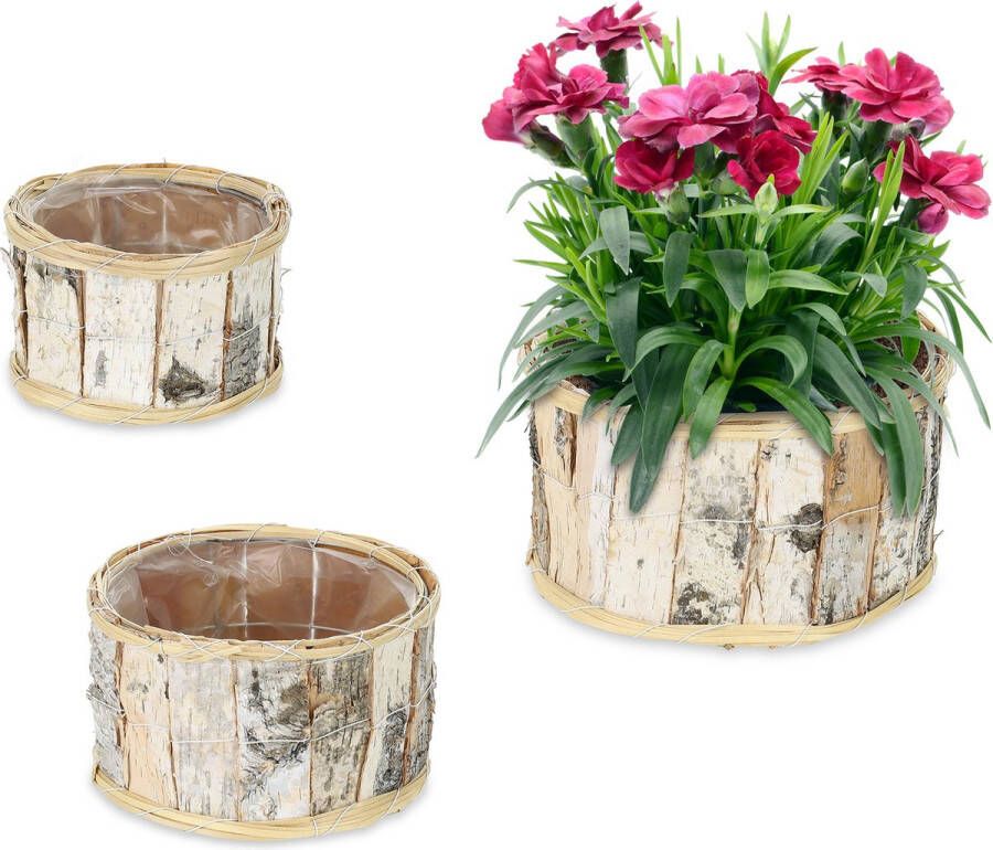 Relaxdays Bloempot set van 3 bloembak berkenhout plantenpot rond wit naturel