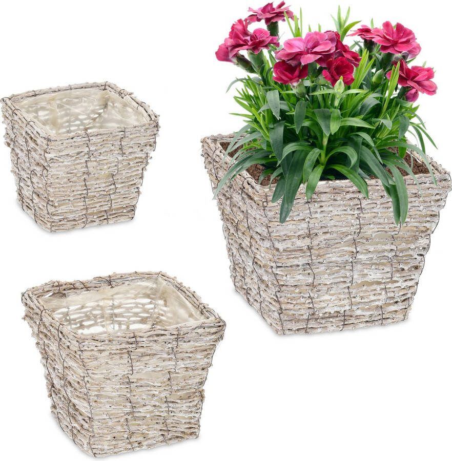 Relaxdays bloempot set van 3 rotan bleombak met folie vierkant- wit natuur