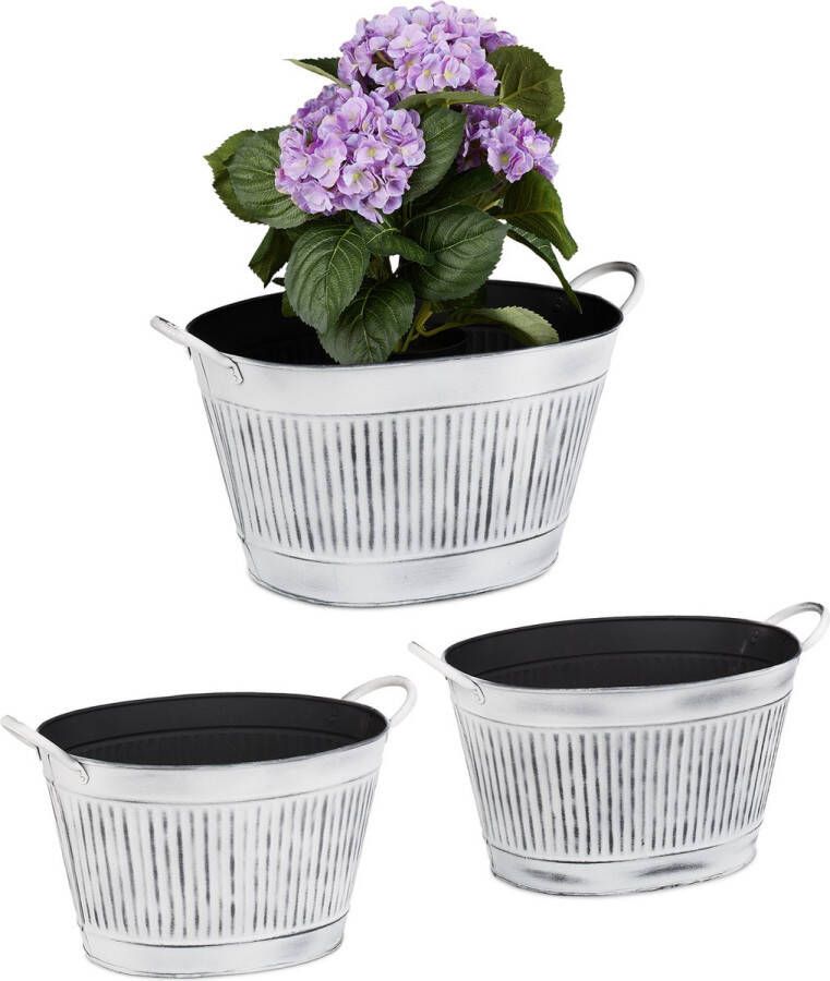 Relaxdays bloempot vintage set van 3 plantenpot ijzer plantenkuip wit