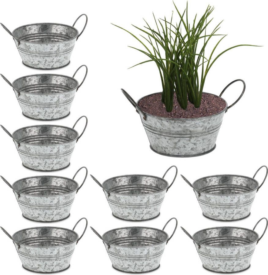 Relaxdays bloempot zink set van 10 voor buiten sierpot 20 cm grijs plantenpot tuin