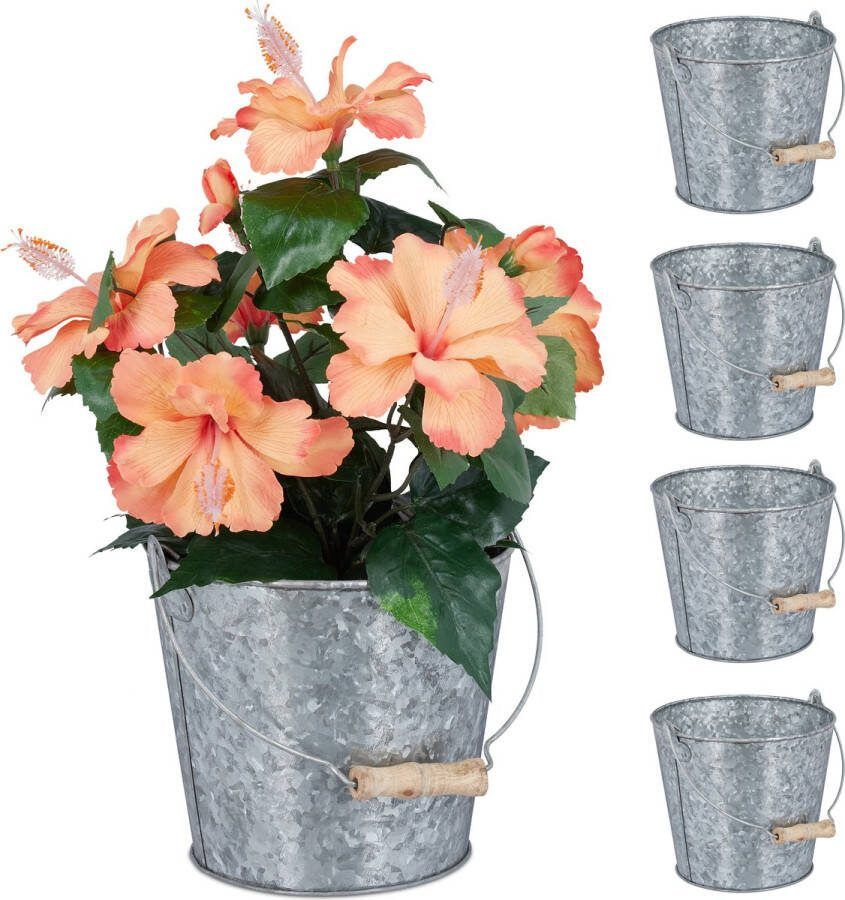 Relaxdays Bloempot zink set van 5 zinken emmer met handvat binnen of buiten Ø 17cm