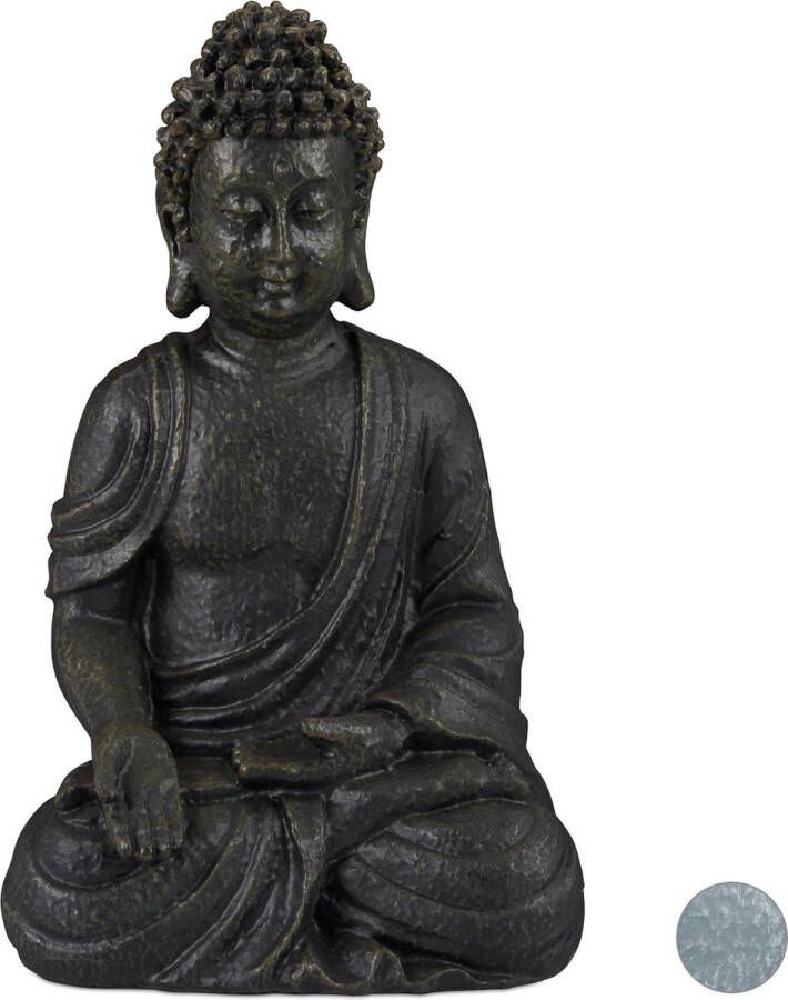 Relaxdays boeddha beeld 30 cm hoog tuindecoratie tuinbeeld Boeddhabeeld zittend donkergrijs