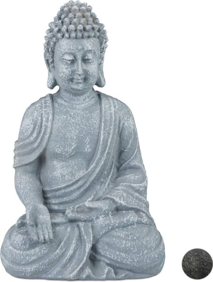 Relaxdays boeddha beeld 30 cm hoog tuindecoratie tuinbeeld Boeddhabeeld zittend Lichtgrijs