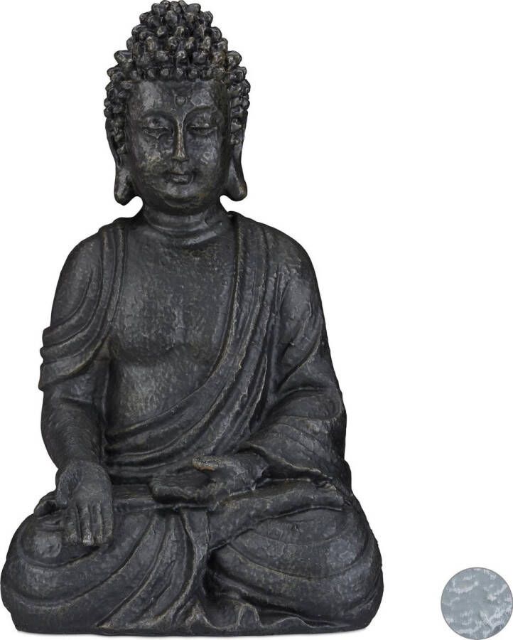 Relaxdays boeddha beeld 40 cm hoog tuindecoratie tuinbeeld Boeddhabeeld groot donkergrijs