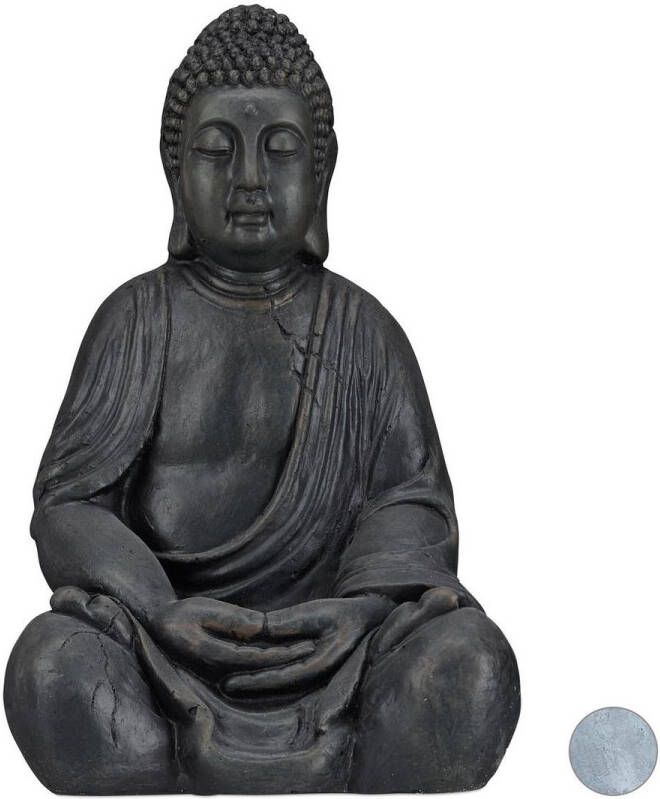 Relaxdays boeddha beeld 50 cm hoog tuindecoratie tuinbeeld Boeddhabeeld zittend donkergrijs
