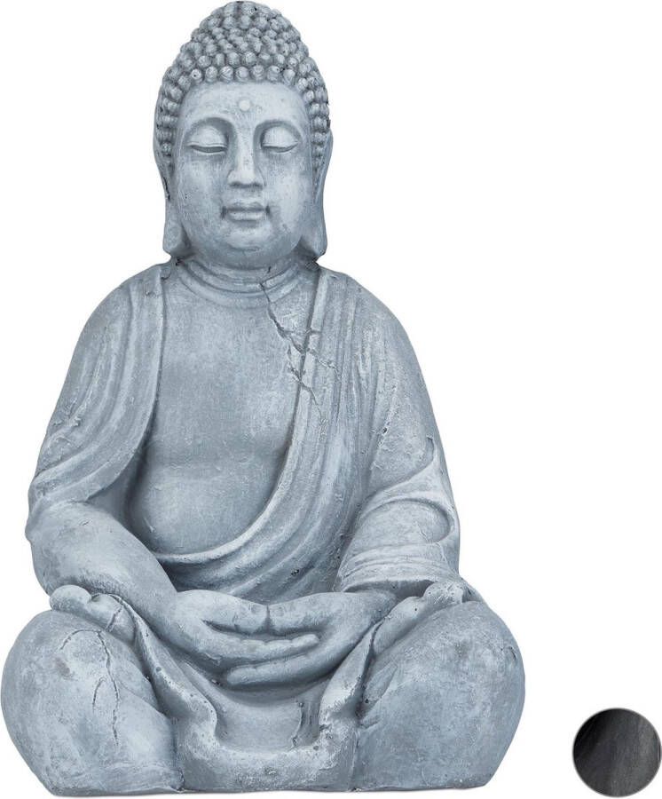 Relaxdays boeddha beeld 50 cm hoog tuindecoratie tuinbeeld Boeddhabeeld zittend Lichtgrijs