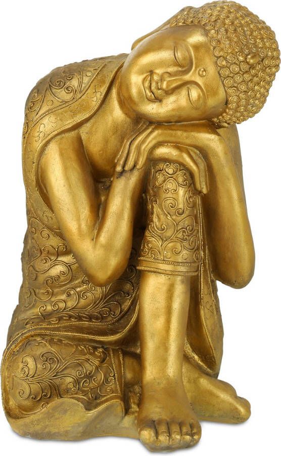 Relaxdays Boeddha beeld gekanteld hoofd tuinfiguur goudkleurig 61 cm hoog buiten