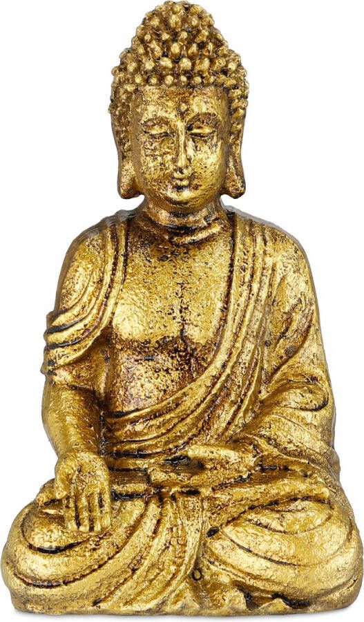 Relaxdays Boeddha beeld goud 17 cm hoog sierbeeld Buddha weerbestendig polyresin