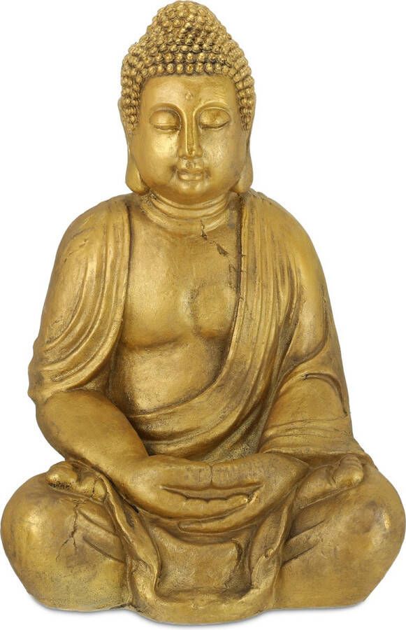 Relaxdays Boeddhabeeld XL goudkleurig tuindecoratie zittende Buddha weervast