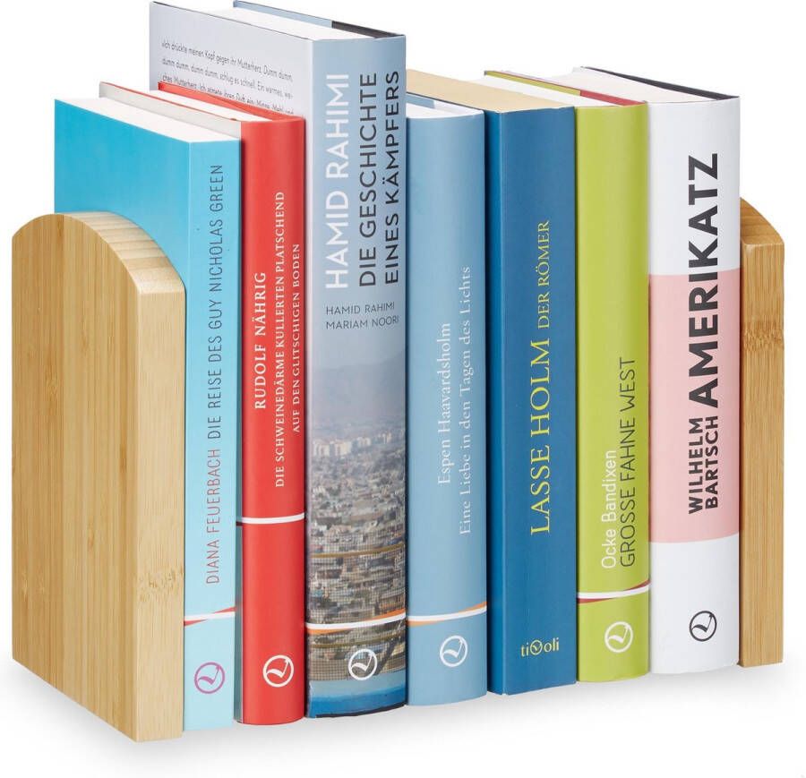 Relaxdays boekensteun bamboe set van 2 boekenstandaard boekenhouder