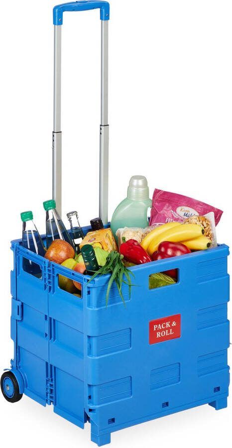 Relaxdays boodschappentrolley inklapbaar vouwkrat 2 wieltjes verstelbare handgreep blauw