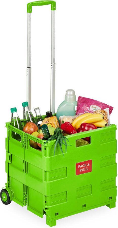 Relaxdays boodschappentrolley inklapbaar vouwkrat 2 wieltjes verstelbare handgreep groen