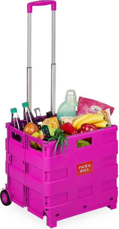 Relaxdays boodschappentrolley inklapbaar vouwkrat 2 wieltjes verstelbare handgreep roze